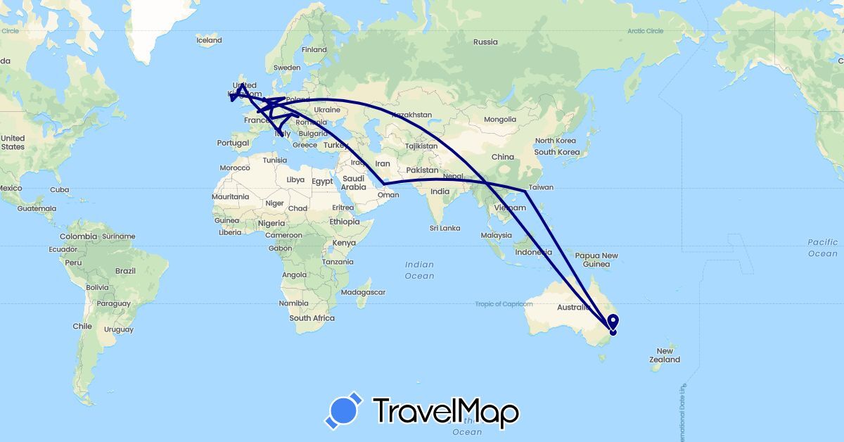 TravelMap itinerary: driving in United Arab Emirates, Austria, Australia, Switzerland, China, Germany, France, United Kingdom, Hungary, Ireland, Italy, Netherlands (Asia, Europe, Oceania)